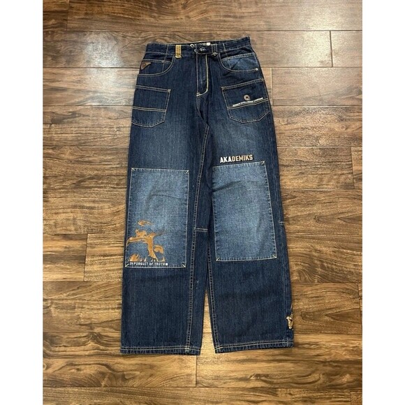 Vintage Akademiks Patchwork/ Embroidery Wide Leg Jeans Size 18(30 Waist)